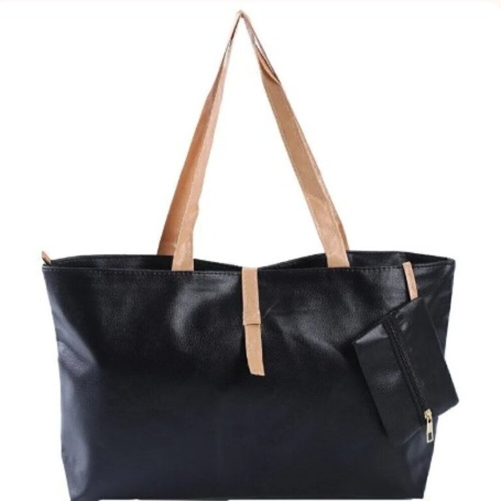 Women's Large PU Leather Tote Bag Set with Pouch - Black & Tan Commuter Shoulder